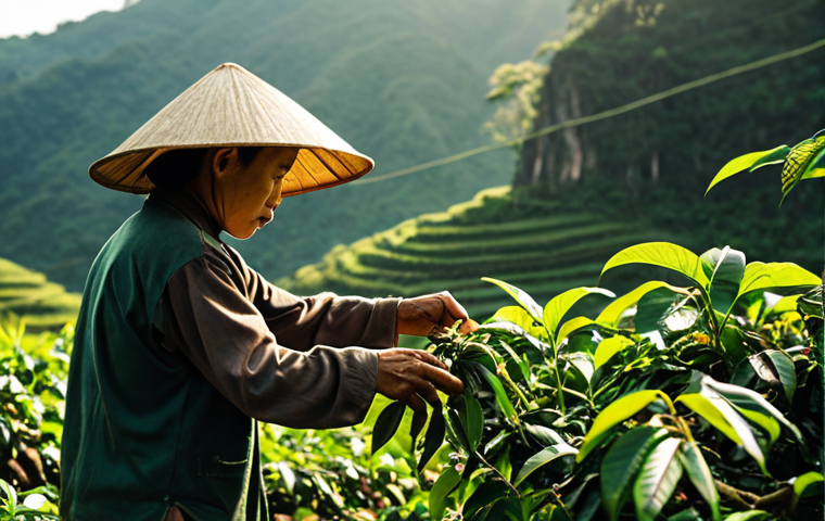 **Image of a Vietnamese coffee farmer tending to coffee plants in the highlands, bathed in warm sunlight. Focus on the authenticity and hard work of the farmers. Style: Documentary photography.** (Relates to Authentic Brand Storytelling, focusing on the "hidden truth" of a local coffee brand.)