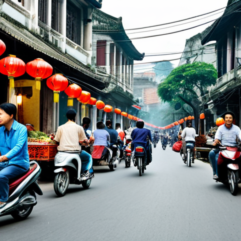 브랜드 마케팅 관련 주요 중점 과목 - **A bustling street scene in Hanoi's Old Quarter:** Narrow streets filled with vendors selling color...