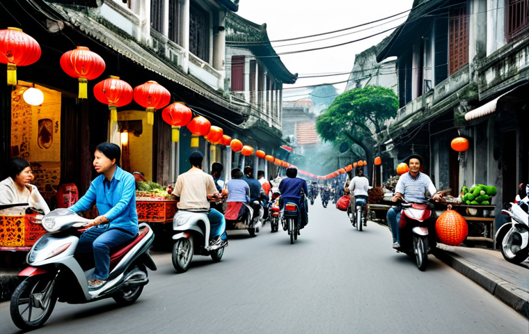 브랜드 마케팅 관련 주요 중점 과목 - **A bustling street scene in Hanoi's Old Quarter:** Narrow streets filled with vendors selling color...