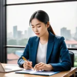 브랜드 마케팅 예산 관리 팁 - **Prompt:** "A focused young Vietnamese woman, in her late 20s, wearing smart casual attire consisti...