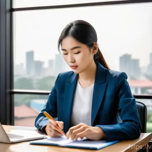브랜드 마케팅 예산 관리 팁 - **Prompt:** "A focused young Vietnamese woman, in her late 20s, wearing smart casual attire consisti...