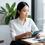 브랜드 마케팅 업무 루틴 정리 - A focused young Vietnamese female brand marketer in her late 20s, wearing comfortable yet stylish bu...