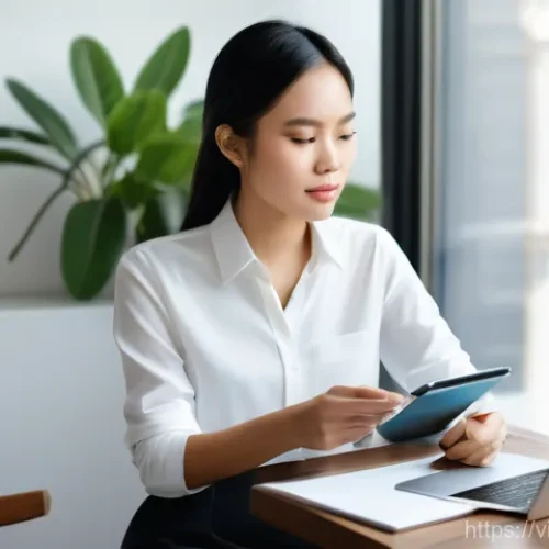 브랜드 마케팅 업무 루틴 정리 - A focused young Vietnamese female brand marketer in her late 20s, wearing comfortable yet stylish bu...