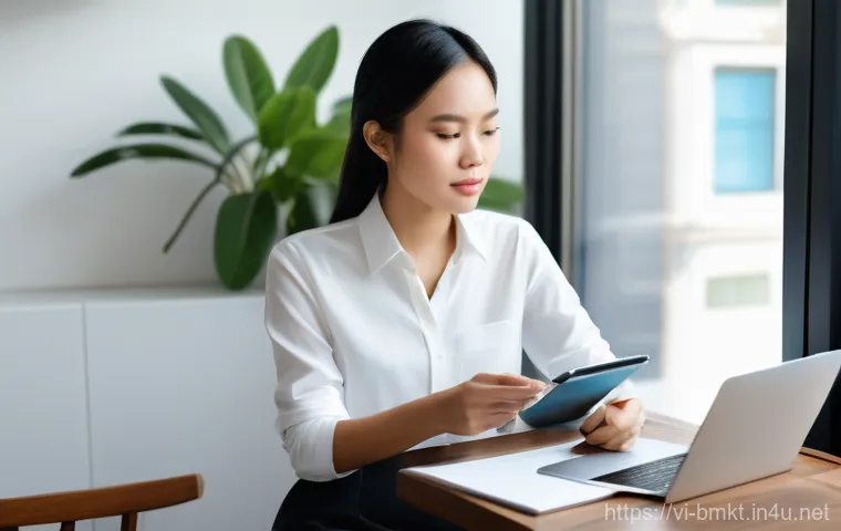 브랜드 마케팅 업무 루틴 정리 - A focused young Vietnamese female brand marketer in her late 20s, wearing comfortable yet stylish bu...