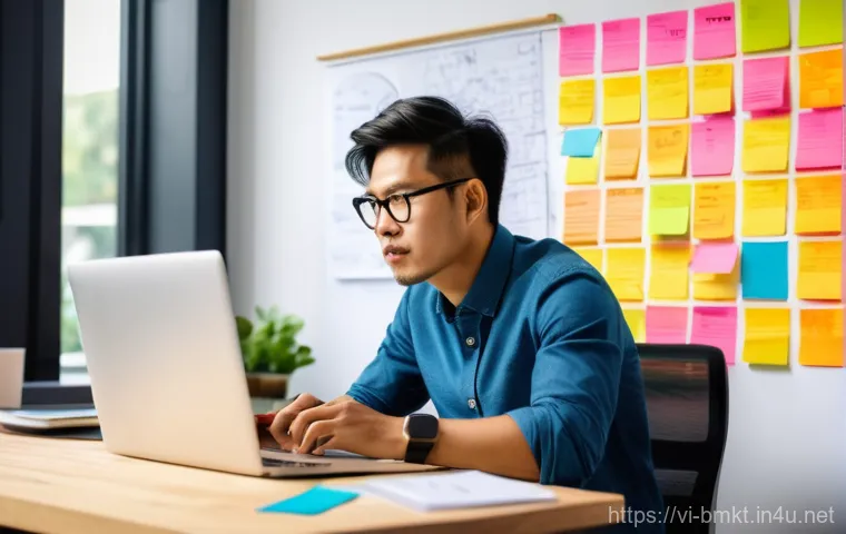 브랜드 마케팅 업무 루틴 정리 - A focused young Vietnamese female brand marketer in her late 20s, wearing comfortable yet stylish bu...