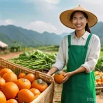 브랜드 마케팅 윤리와 책임 - **Prompt:** A vibrant, sun-drenched scene at a family-run organic produce farm in the Vietnamese cou...