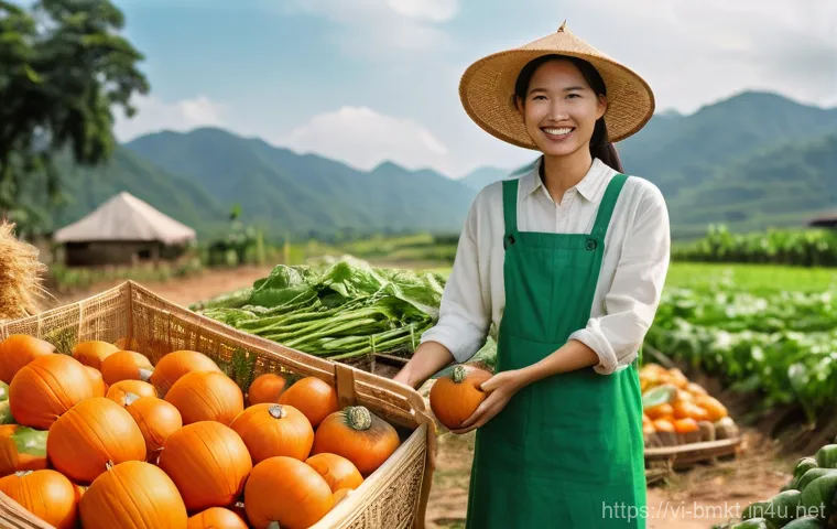 브랜드 마케팅 윤리와 책임 - **Prompt:** A vibrant, sun-drenched scene at a family-run organic produce farm in the Vietnamese cou...