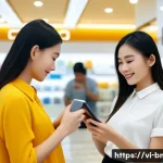 브랜드 마케팅 관련 업계 트렌드 - A modern Vietnamese retail store scene showcasing seamless omni-channel customer interaction: a youn...