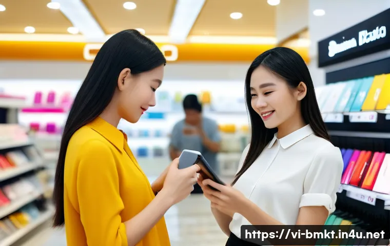 브랜드 마케팅 관련 업계 트렌드 - A modern Vietnamese retail store scene showcasing seamless omni-channel customer interaction: a youn...