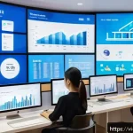 브랜드 마케팅과 빅데이터 활용법 - A modern Vietnamese e-commerce workspace showing a diverse team analyzing big data on multiple trans...