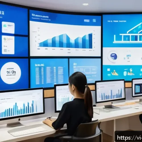 브랜드 마케팅과 빅데이터 활용법 - A modern Vietnamese e-commerce workspace showing a diverse team analyzing big data on multiple trans...