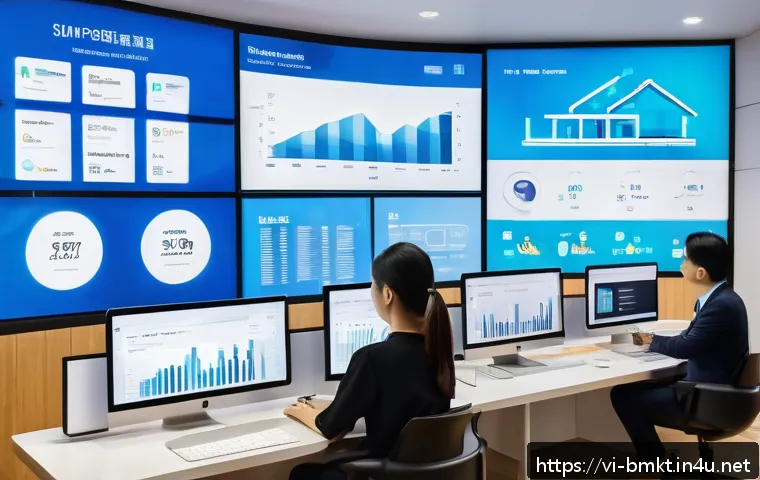 브랜드 마케팅과 빅데이터 활용법 - A modern Vietnamese e-commerce workspace showing a diverse team analyzing big data on multiple trans...