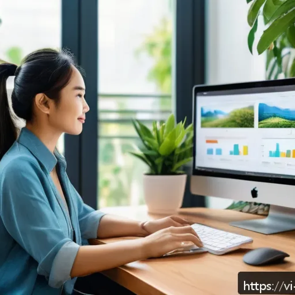 브랜드 마케팅 전문 서적 추천 - A modern Vietnamese young professional woman interacting with a digital marketing dashboard on a sle...