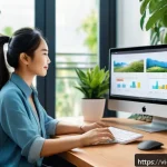 브랜드 마케팅 전문 서적 추천 - A modern Vietnamese young professional woman interacting with a digital marketing dashboard on a sle...
