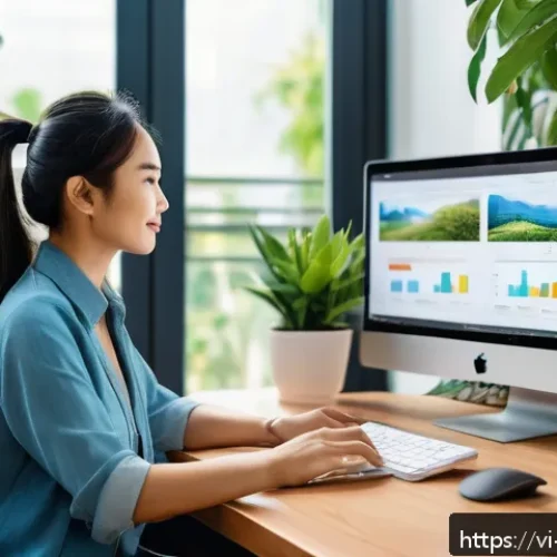 브랜드 마케팅 전문 서적 추천 - A modern Vietnamese young professional woman interacting with a digital marketing dashboard on a sle...