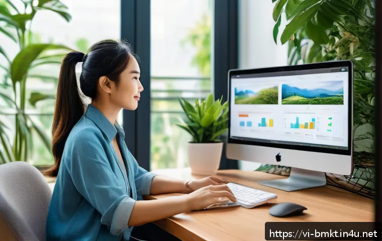 브랜드 마케팅 전문 서적 추천 - A modern Vietnamese young professional woman interacting with a digital marketing dashboard on a sle...