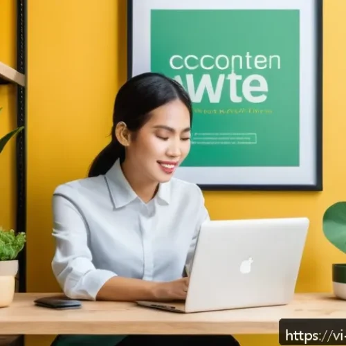 브랜드 마케팅 직무에서 자주 사용하는 용어 - A modern Vietnamese small business office scene showcasing brand identity elements: a young professi...